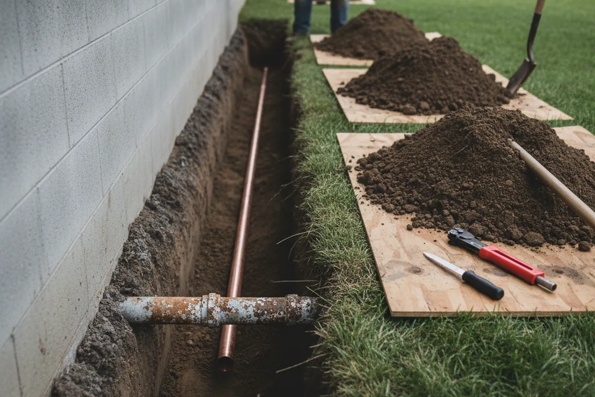 Excavated water line trench during Sewer Line Repair in Placida